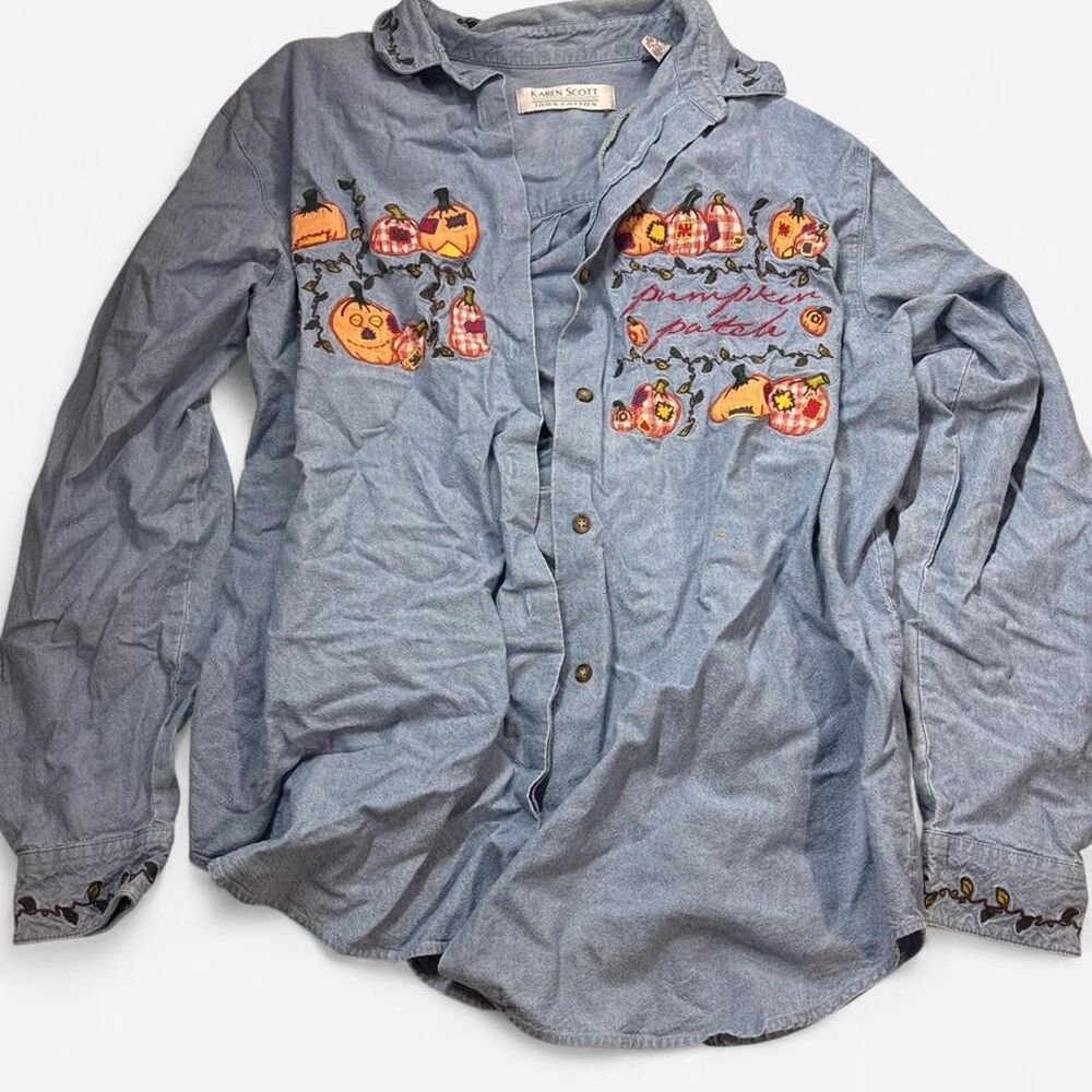 Karen Scott Women's Vintage Halloween Fall Blue Shirt